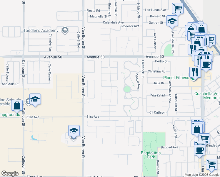 map of restaurants, bars, coffee shops, grocery stores, and more near 84457 Raphael Way in Coachella