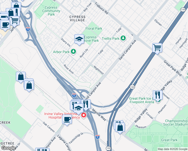 map of restaurants, bars, coffee shops, grocery stores, and more near 80 Tallowood in Irvine