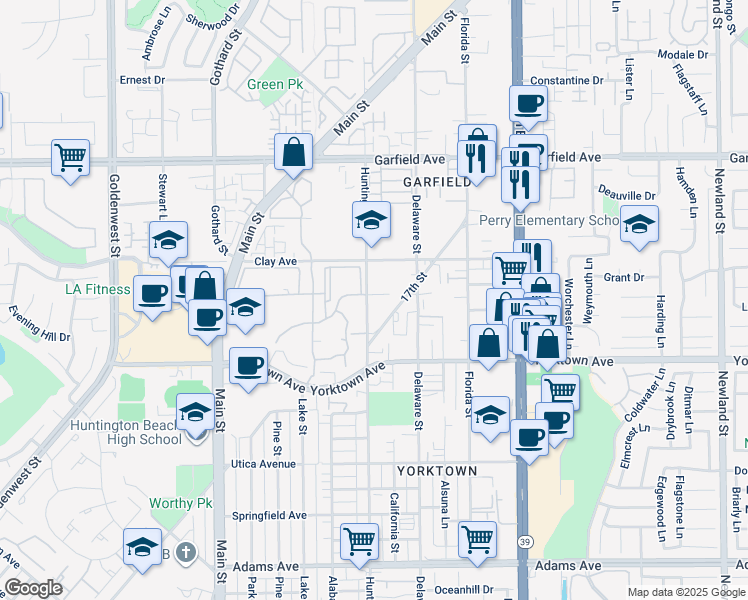 map of restaurants, bars, coffee shops, grocery stores, and more near 302 Cleveland Drive in Huntington Beach