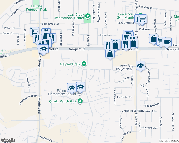 map of restaurants, bars, coffee shops, grocery stores, and more near 26519 Rim Creek Path in Menifee