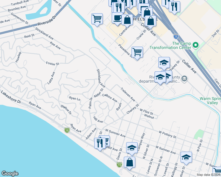 map of restaurants, bars, coffee shops, grocery stores, and more near Strickland Avenue in Lake Elsinore