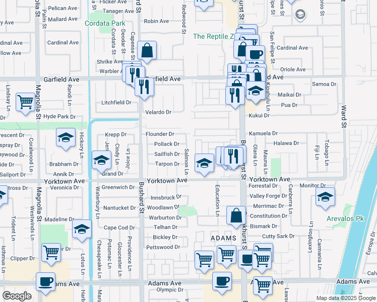 map of restaurants, bars, coffee shops, grocery stores, and more near 19342 Salmon Lane in Huntington Beach