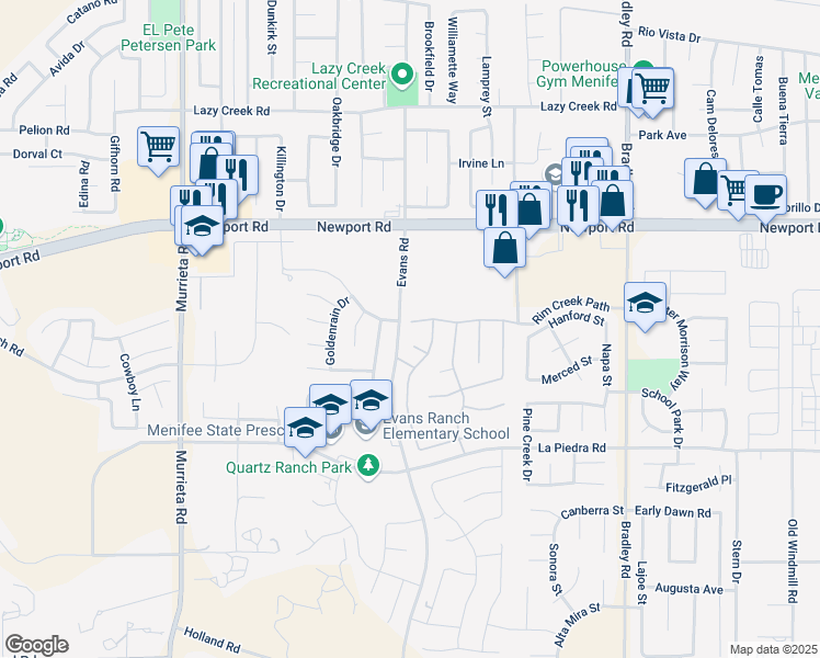 map of restaurants, bars, coffee shops, grocery stores, and more near 26519 Rim Creek Path in Menifee