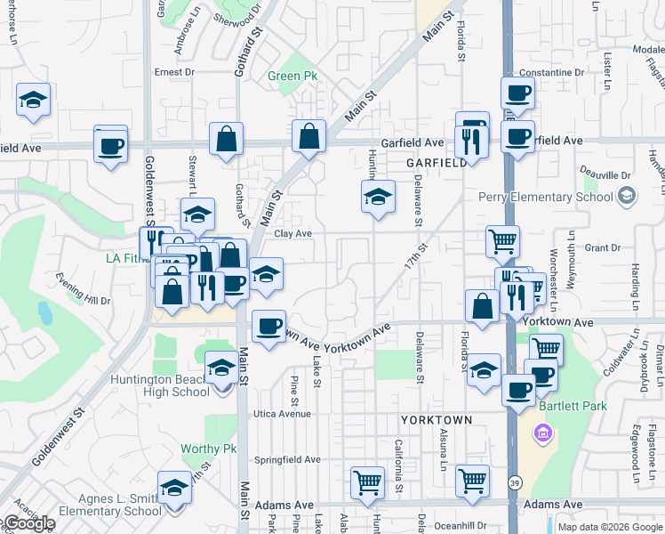 map of restaurants, bars, coffee shops, grocery stores, and more near 7492 Seabluff Drive in Huntington Beach