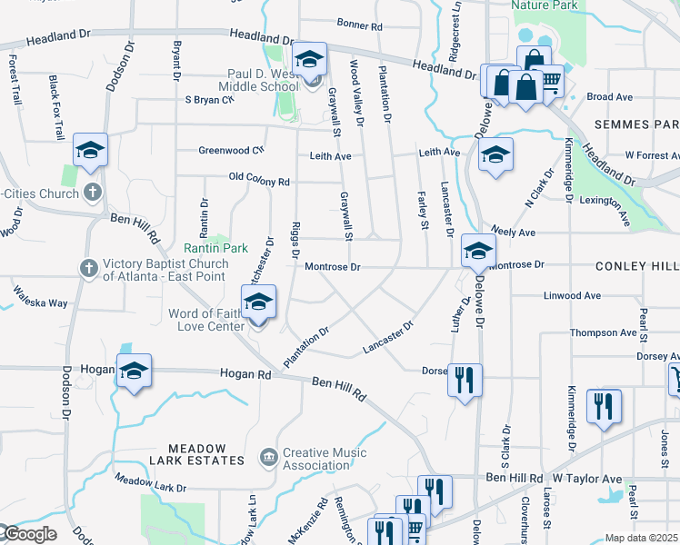 map of restaurants, bars, coffee shops, grocery stores, and more near 2316 Dorsey Avenue in East Point