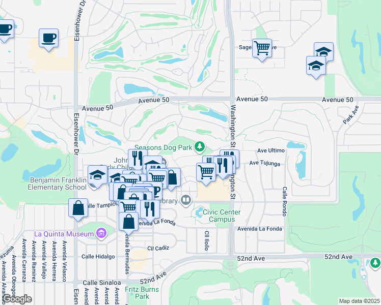 map of restaurants, bars, coffee shops, grocery stores, and more near 78280 Desert Fall Way in La Quinta