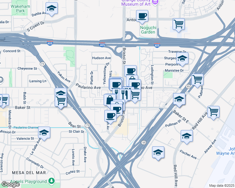 map of restaurants, bars, coffee shops, grocery stores, and more near 3033 Bristol Street in Costa Mesa
