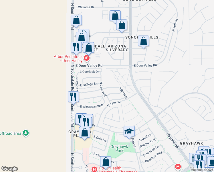 map of restaurants, bars, coffee shops, grocery stores, and more near 7432 East Rustling Pass in Scottsdale