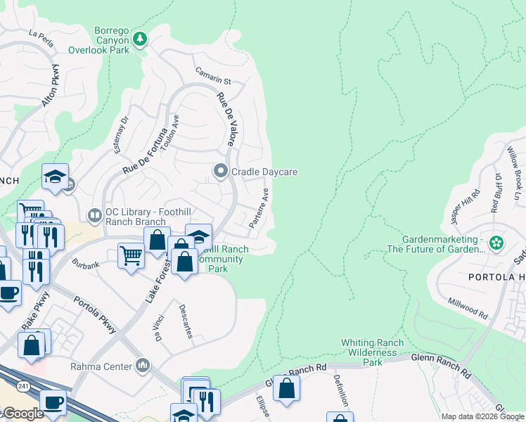 map of restaurants, bars, coffee shops, grocery stores, and more near 42 Parterre Avenue in Lake Forest