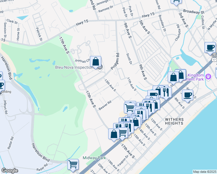 map of restaurants, bars, coffee shops, grocery stores, and more near 4 13th Avenue South in Myrtle Beach
