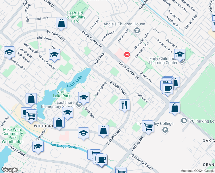 map of restaurants, bars, coffee shops, grocery stores, and more near 39 Willowgrove in Irvine