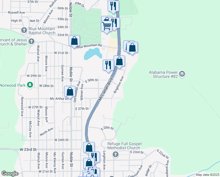 map of restaurants, bars, coffee shops, grocery stores, and more near 2833 McClellan Boulevard in Anniston
