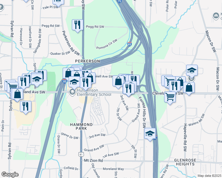 map of restaurants, bars, coffee shops, grocery stores, and more near 445 Cleveland Avenue Southwest in Atlanta