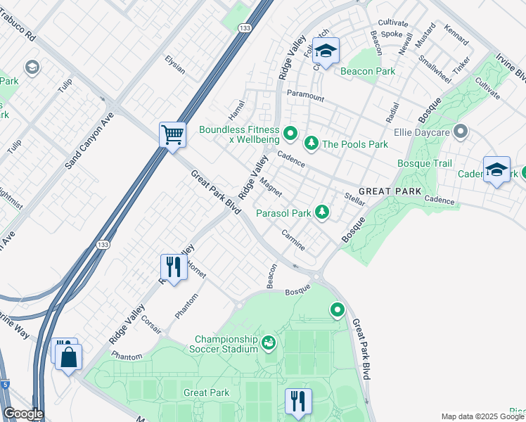 map of restaurants, bars, coffee shops, grocery stores, and more near 107 Carmine in Irvine