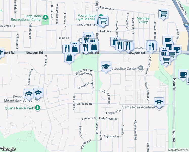 map of restaurants, bars, coffee shops, grocery stores, and more near 30222 Napa Street in Menifee