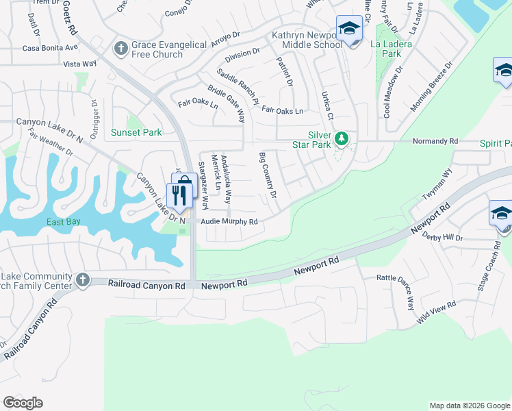map of restaurants, bars, coffee shops, grocery stores, and more near 24536 Stargazer Way in Menifee