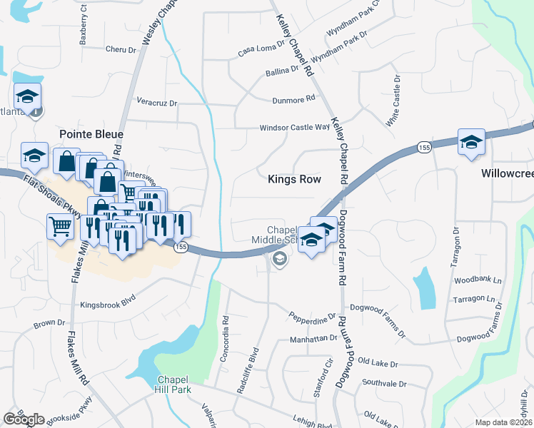 map of restaurants, bars, coffee shops, grocery stores, and more near 4130 Chapel Mill Way in Decatur