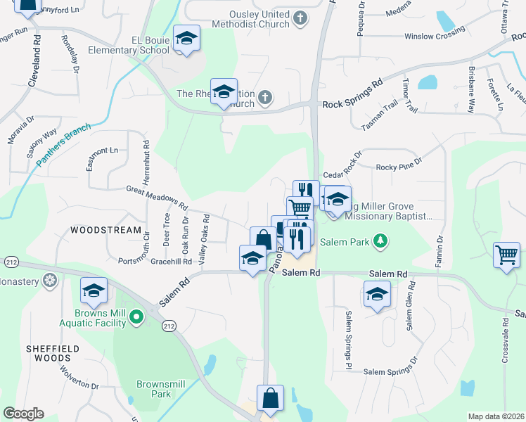 map of restaurants, bars, coffee shops, grocery stores, and more near 5175 Great Meadows Road in Stonecrest