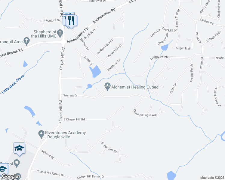 map of restaurants, bars, coffee shops, grocery stores, and more near 4065 Soaring Drive in Douglasville