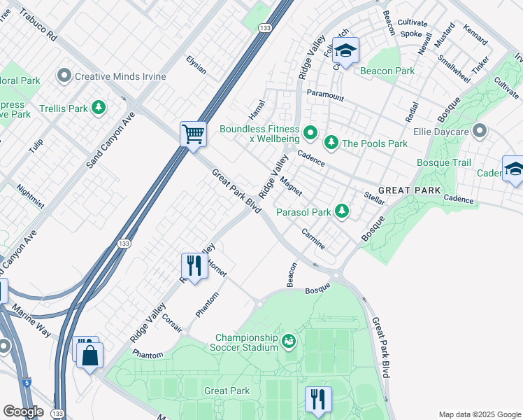 map of restaurants, bars, coffee shops, grocery stores, and more near 153 Great Park Boulevard in Irvine