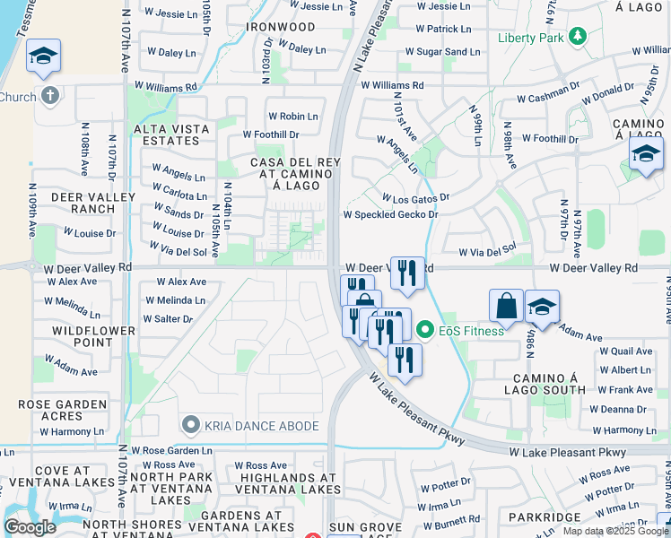 map of restaurants, bars, coffee shops, grocery stores, and more near N Lake Pleasant Pkwy & W Deer Valley Rd in Peoria