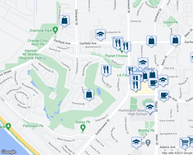 map of restaurants, bars, coffee shops, grocery stores, and more near 6691 Country Circle in Huntington Beach