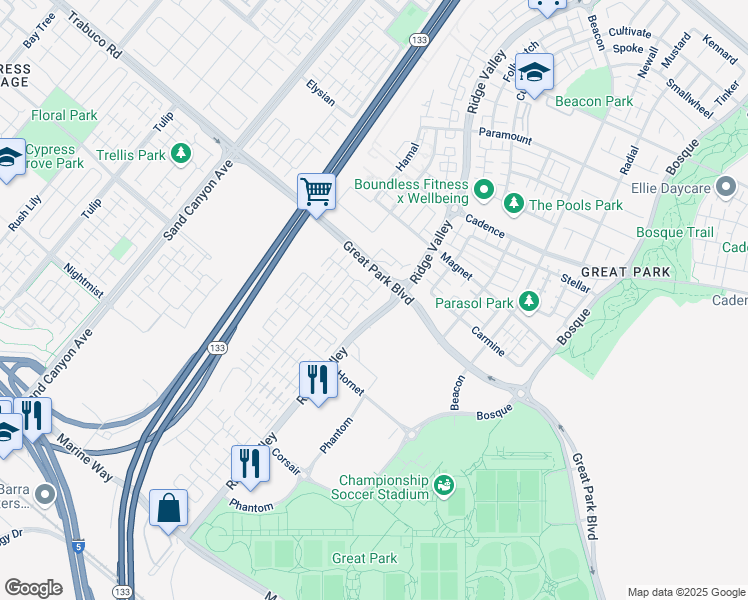 map of restaurants, bars, coffee shops, grocery stores, and more near 5197 2nd Street in Irvine