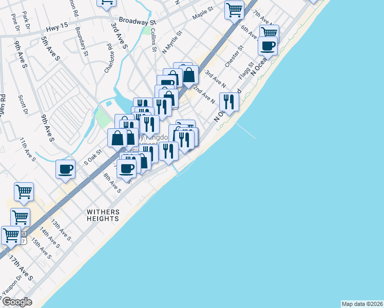 map of restaurants, bars, coffee shops, grocery stores, and more near 207 South Ocean Boulevard in Myrtle Beach