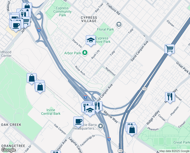 map of restaurants, bars, coffee shops, grocery stores, and more near 66 Tulip in Irvine
