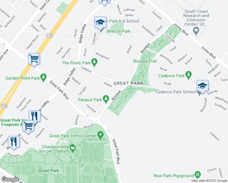 map of restaurants, bars, coffee shops, grocery stores, and more near 109 Bosque in Irvine