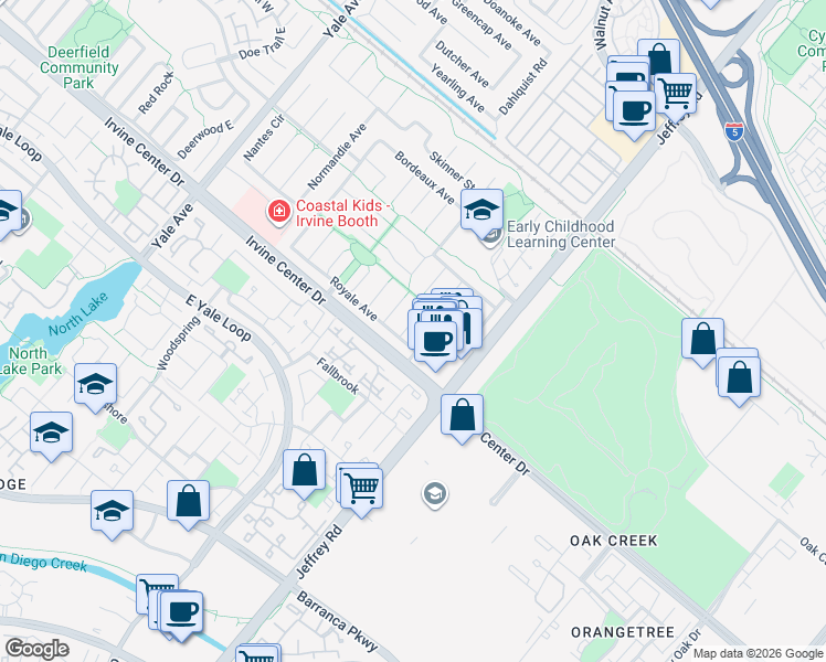 map of restaurants, bars, coffee shops, grocery stores, and more near 5382 Royale Avenue in Irvine