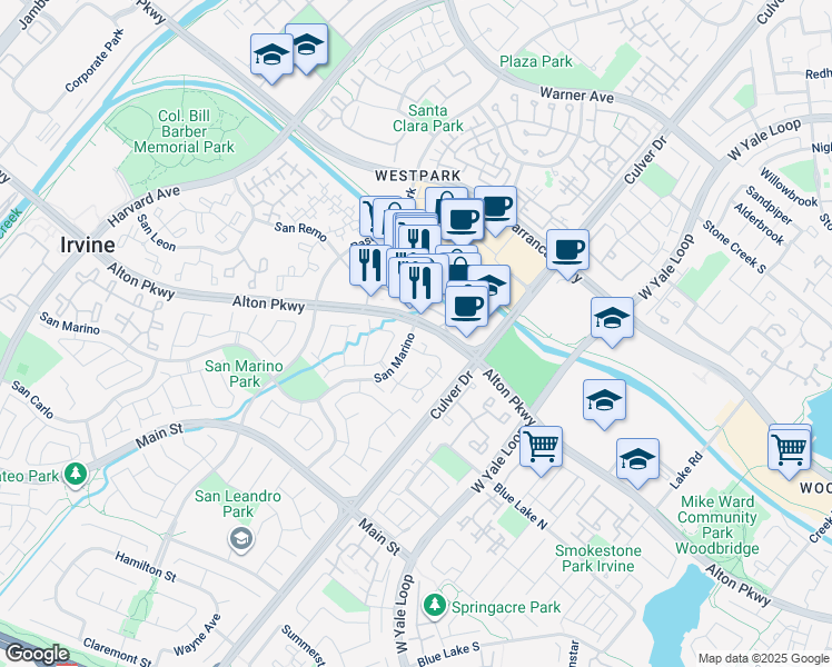 map of restaurants, bars, coffee shops, grocery stores, and more near 38 Montelegro in Irvine