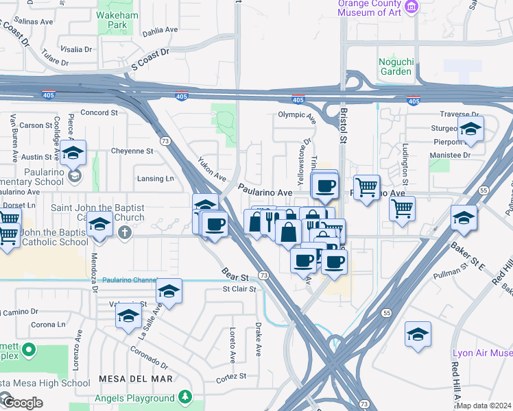 map of restaurants, bars, coffee shops, grocery stores, and more near 3011 Jeffrey Drive in Costa Mesa
