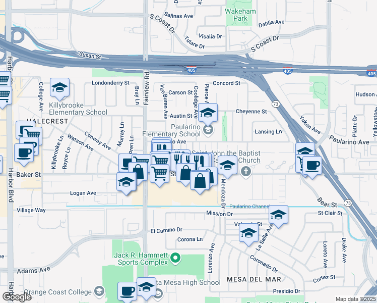 map of restaurants, bars, coffee shops, grocery stores, and more near 3012 Cleveland Avenue in Costa Mesa