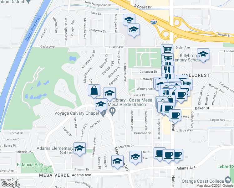 map of restaurants, bars, coffee shops, grocery stores, and more near 1653 Labrador Drive in Costa Mesa