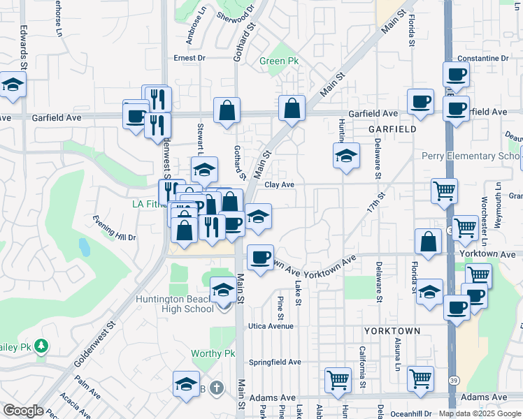 map of restaurants, bars, coffee shops, grocery stores, and more near 2130 Main Street in Huntington Beach
