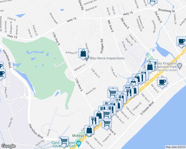 map of restaurants, bars, coffee shops, grocery stores, and more near 702 Beach Walk Place in Myrtle Beach