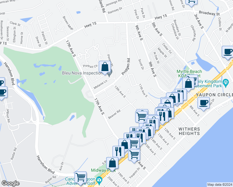 map of restaurants, bars, coffee shops, grocery stores, and more near 702 Beach Walk Place in Myrtle Beach