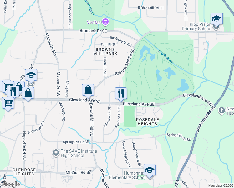 map of restaurants, bars, coffee shops, grocery stores, and more near 2701 Fairlane Drive Southeast in Atlanta