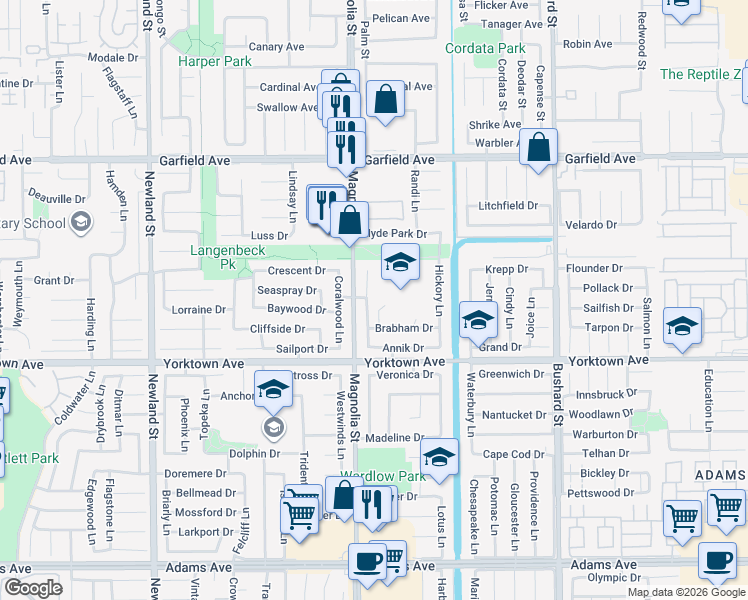 map of restaurants, bars, coffee shops, grocery stores, and more near 19342 McLaren Lane in Huntington Beach