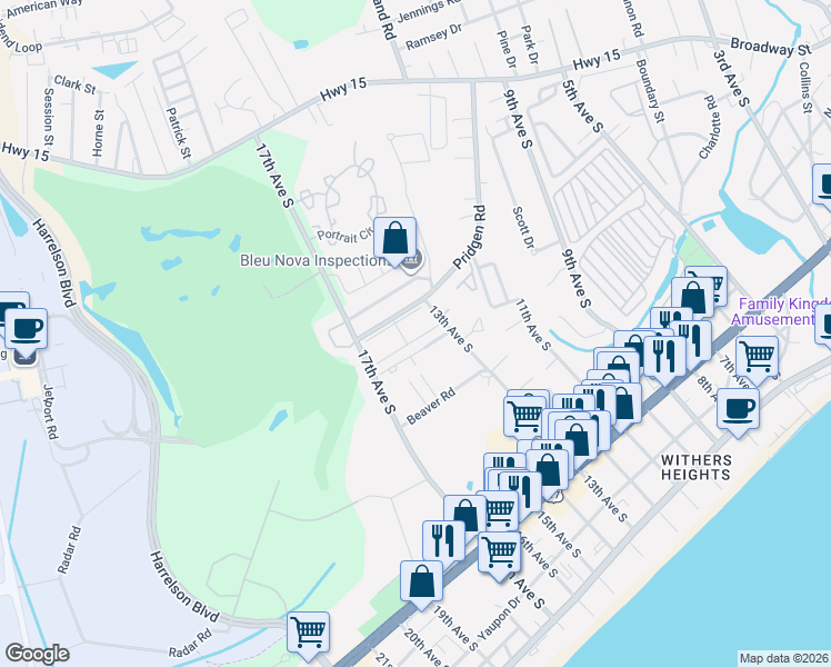 map of restaurants, bars, coffee shops, grocery stores, and more near 702 Beach Walk Place in Myrtle Beach