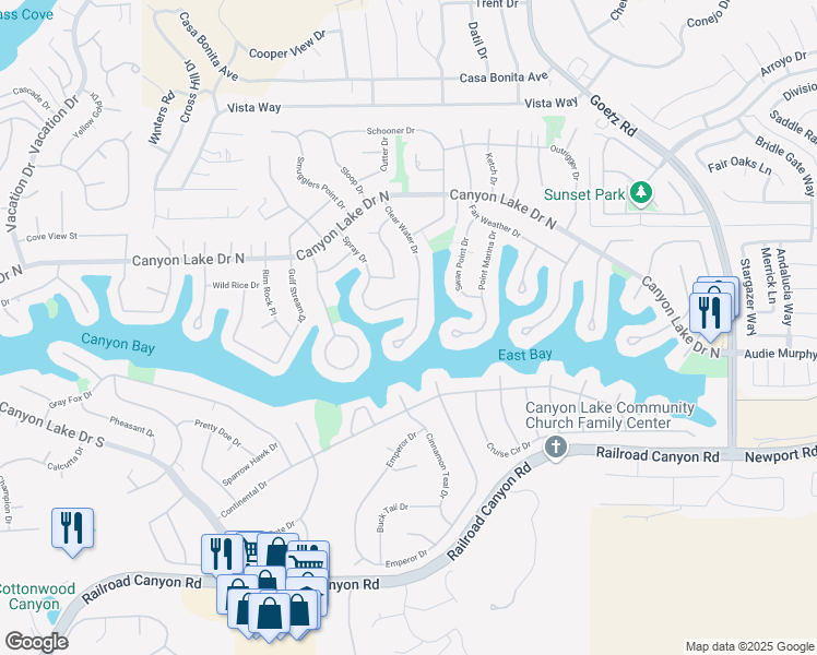 map of restaurants, bars, coffee shops, grocery stores, and more near 30279 Clear Water Drive in Canyon Lake
