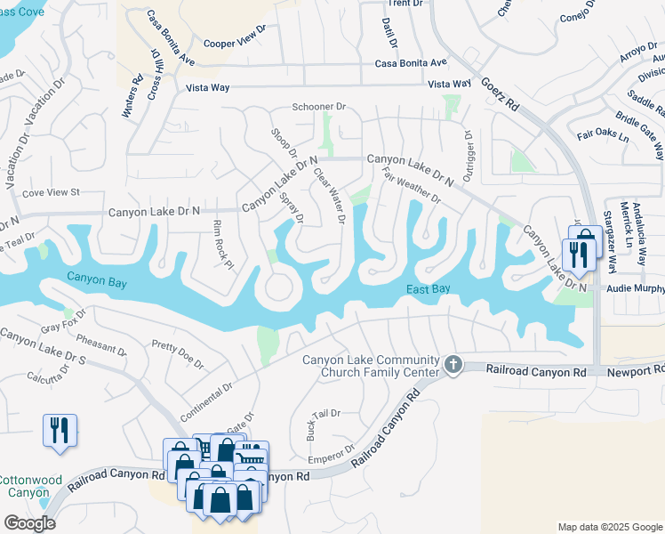 map of restaurants, bars, coffee shops, grocery stores, and more near 30279 Clear Water Drive in Canyon Lake