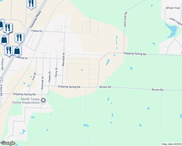 map of restaurants, bars, coffee shops, grocery stores, and more near 3001 Dripping Springs Road in Sherman