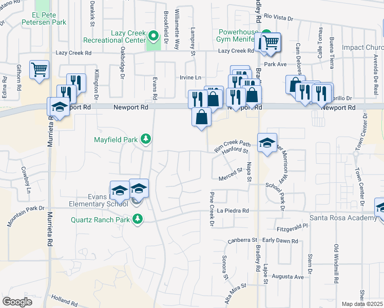 map of restaurants, bars, coffee shops, grocery stores, and more near 30256 Moon Star Circle in Menifee