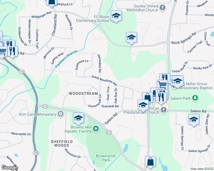 map of restaurants, bars, coffee shops, grocery stores, and more near 3468 Deer Trce in Stonecrest