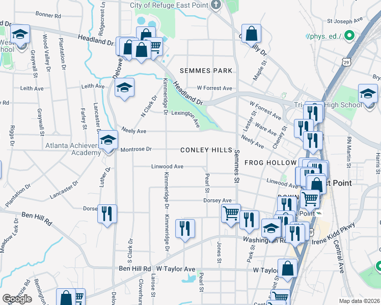 map of restaurants, bars, coffee shops, grocery stores, and more near 1923 Linwood Avenue in East Point