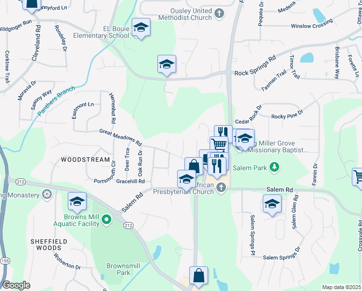 map of restaurants, bars, coffee shops, grocery stores, and more near 3448 Great Meadows Court in Stonecrest
