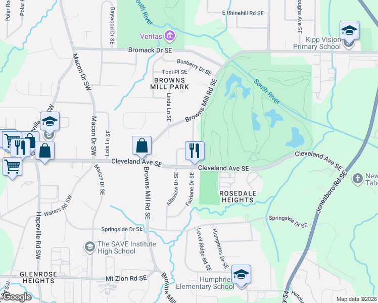 map of restaurants, bars, coffee shops, grocery stores, and more near 2701 Fairlane Drive Southeast in Atlanta