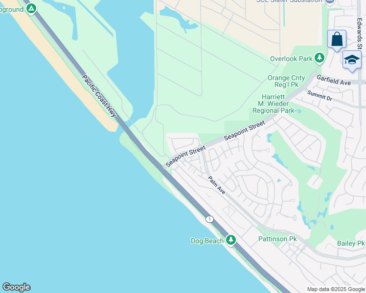 map of restaurants, bars, coffee shops, grocery stores, and more near Ocean Vista Drive in Huntington Beach
